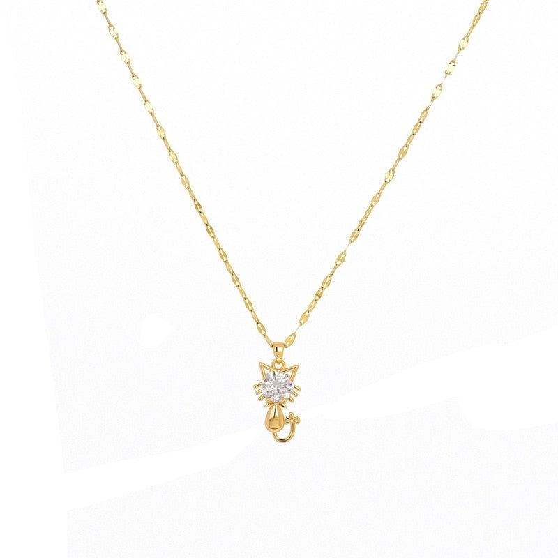 Gold-Plated Cat Necklace with Zircon