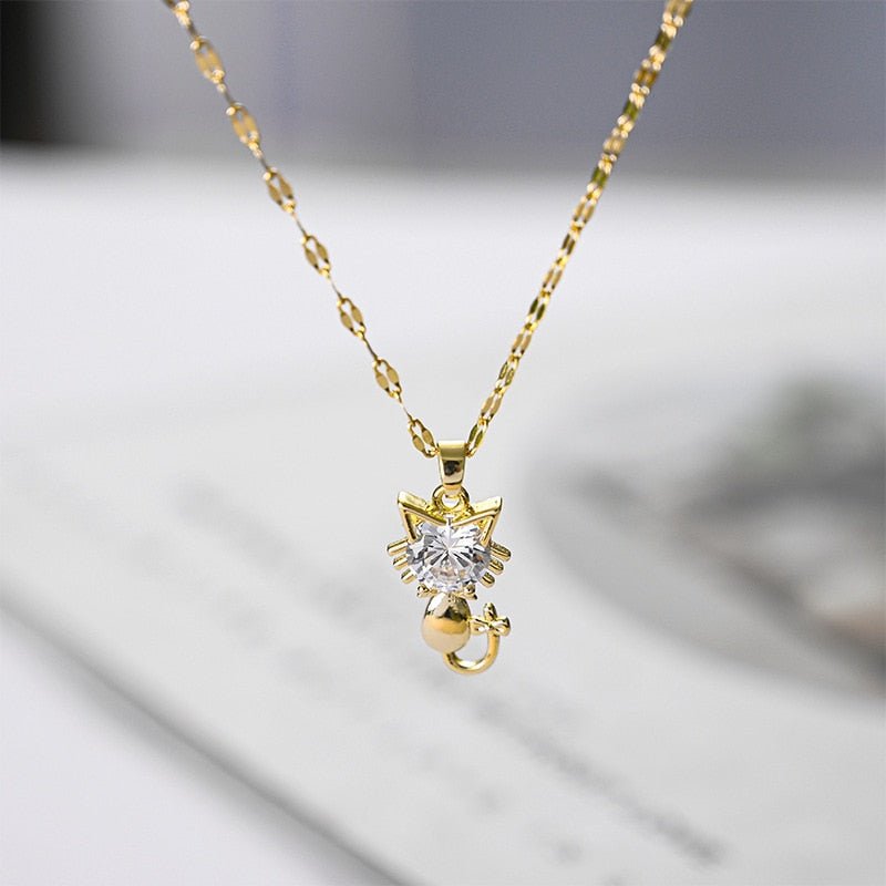 Gold-Plated Cat Necklace with Zircon