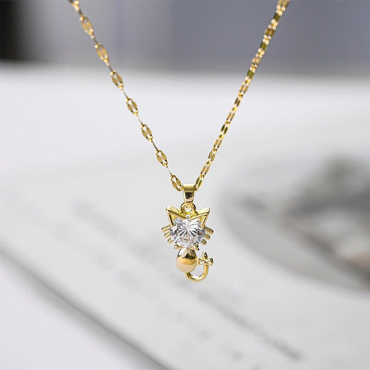 Gold-Plated Cat Necklace with Zircon