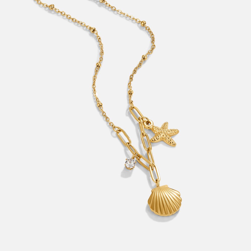 Gold Charm Necklace Eithne with Shell and Starfish