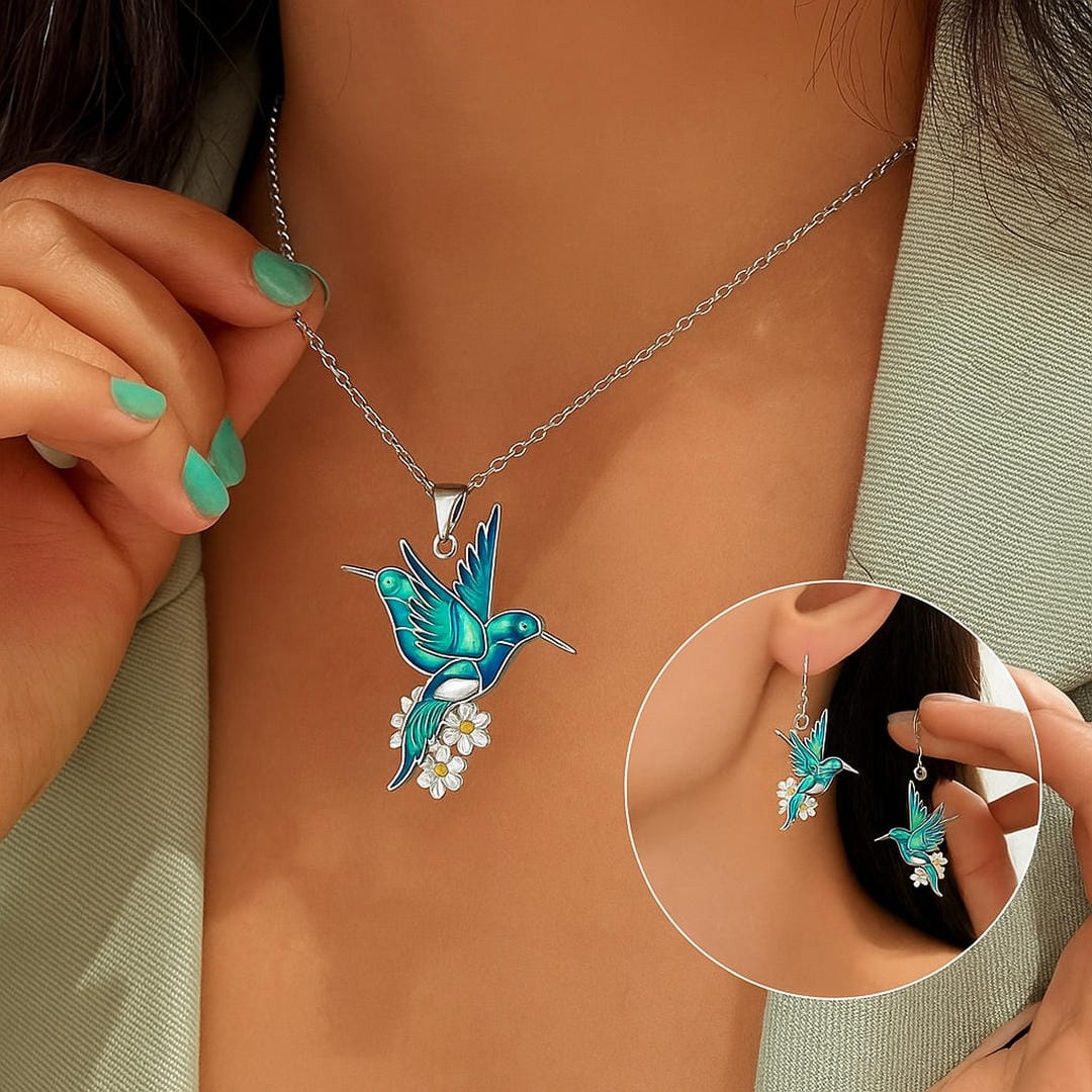 Silver Necklace Set Aoibh with Hummingbird and Flowers