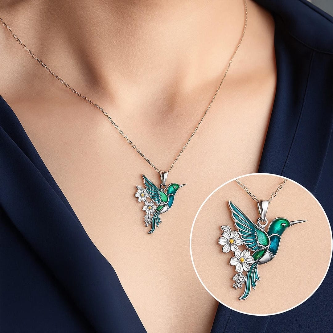 Silver Necklace Set Aoibh with Hummingbird and Flowers