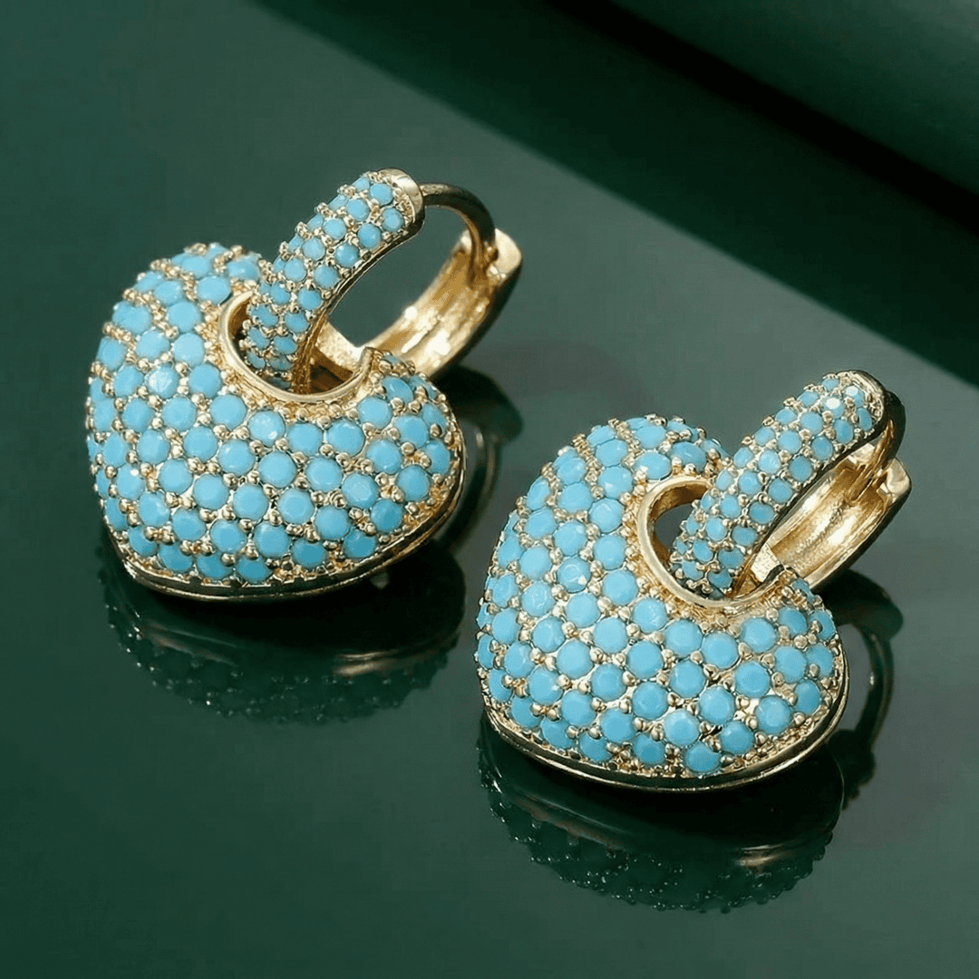 Gold Huggie Earrings Áine with Turquoise Pavé Heart