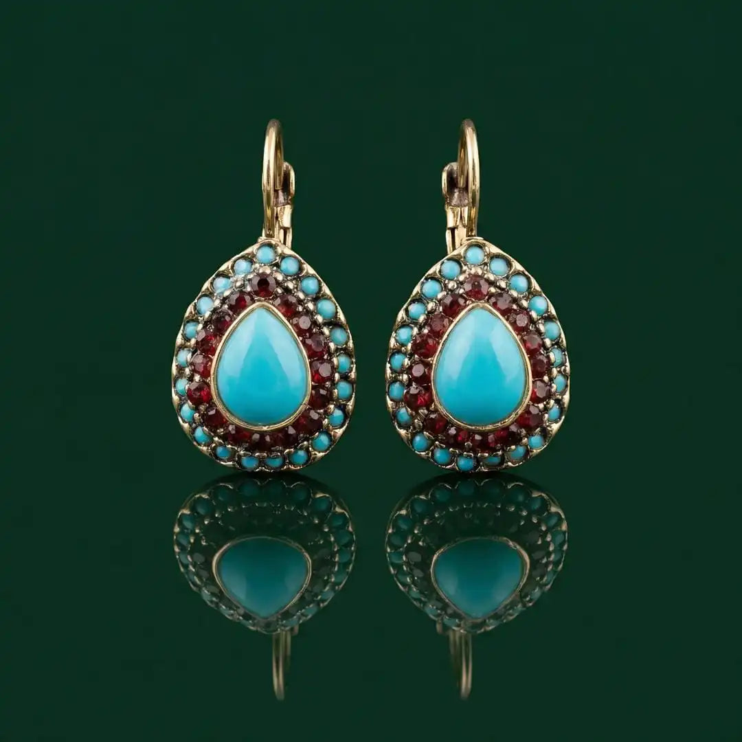 Gold Drop Earrings Sinéad with Turquoise and Red Stones