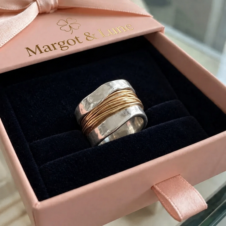 White Gold-Tone Ring with Gold Threads