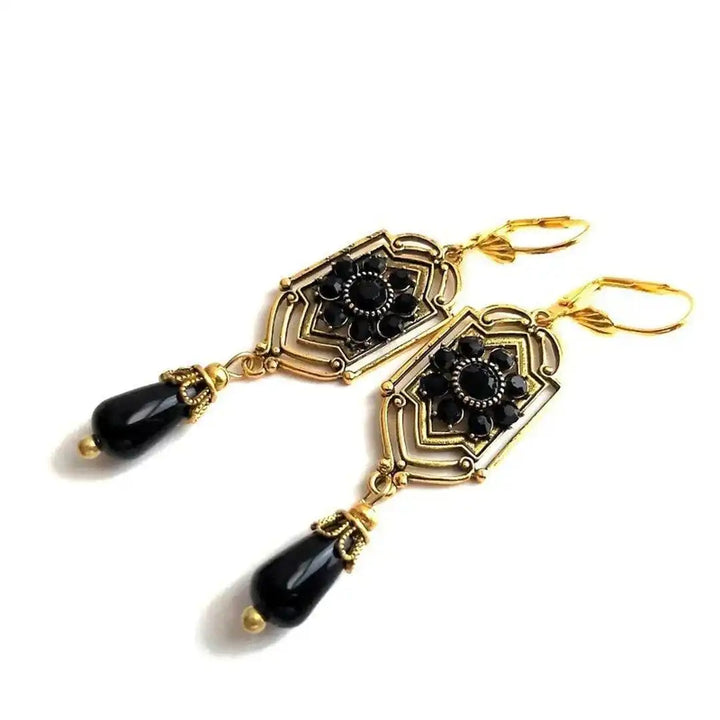 Silver Drop Earrings Cong with Black Crystals