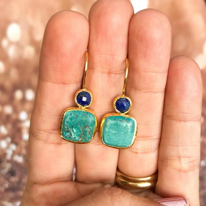 Gold Drop Earrings with Turquoise and Blue Stones