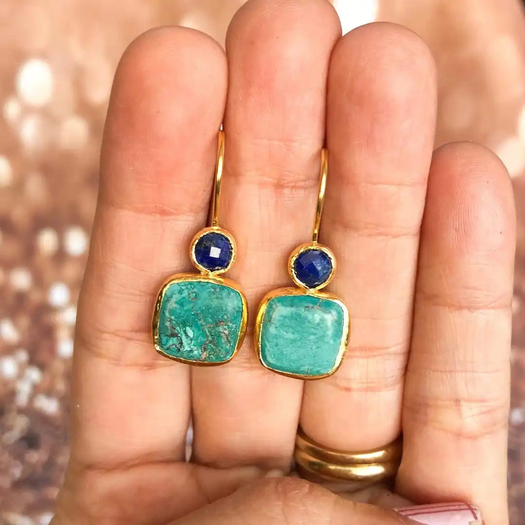Gold Drop Earrings Niamh with Turquoise and Sapphire