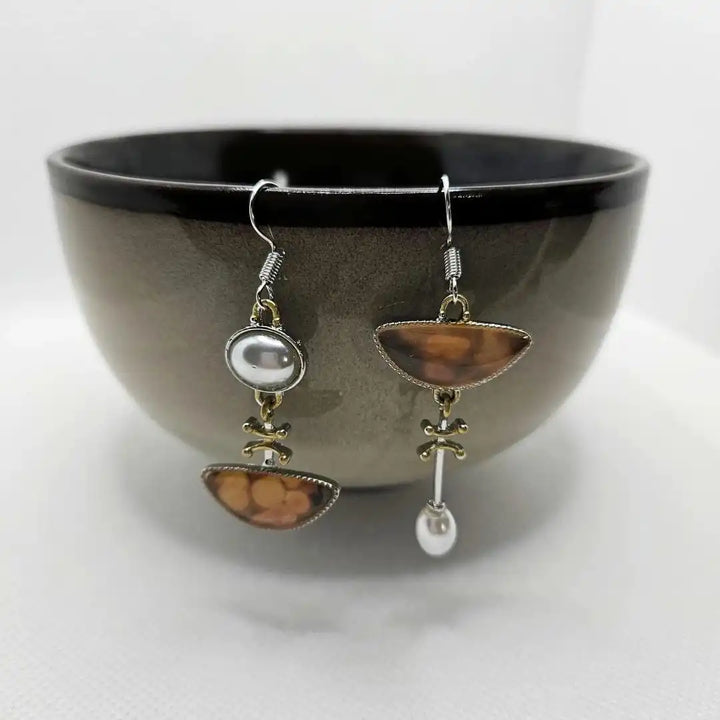 Gold & Silver Drop Earrings with Amber Stones and Pearl