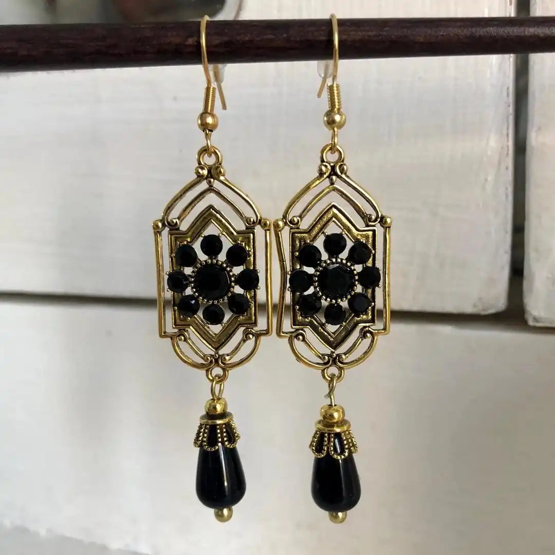Silver Drop Earrings Cong with Black Crystals