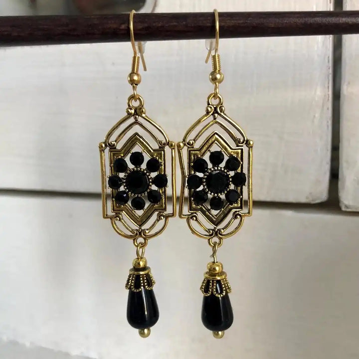Silver Drop Earrings Cong with Black Crystals