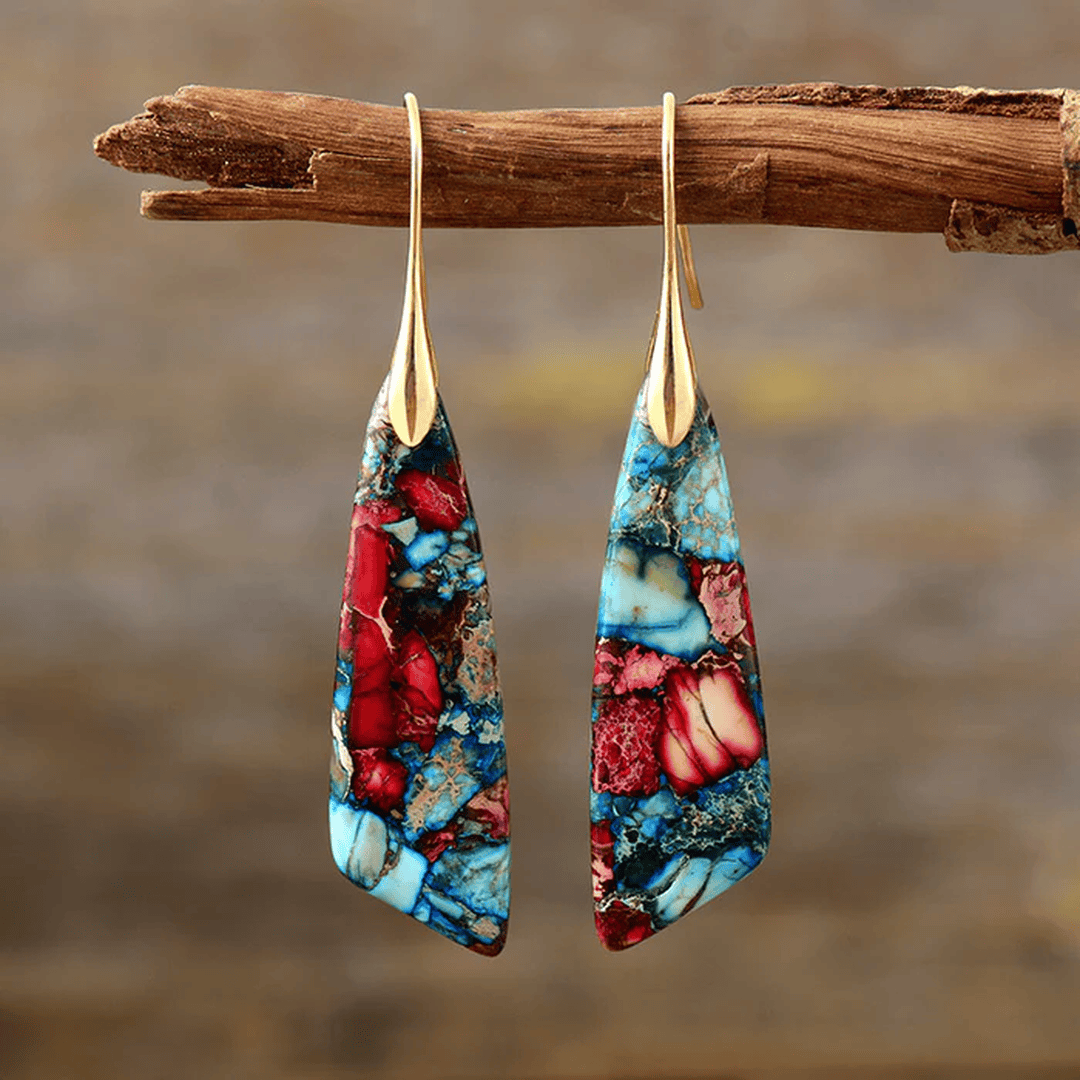 Gold Drop Earrings with Red and Turquoise Mosaic Stone