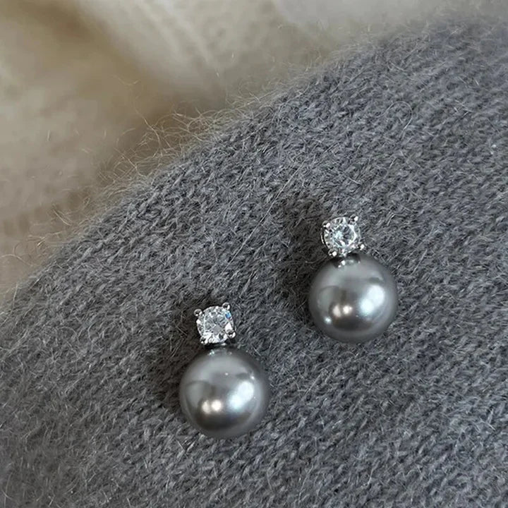 Gold Drop Earrings Treasa with Grey Pearl and Zirconia