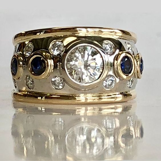 Gold & Silver Band Ring with Sapphires & Zirconia
