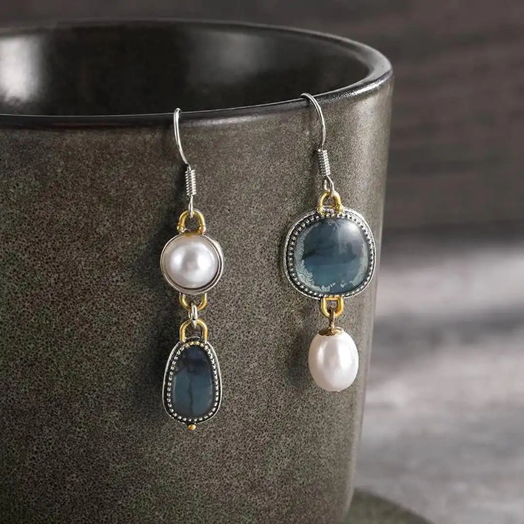 Gold & Silver Drop Earrings with Blue Stones and Pearls