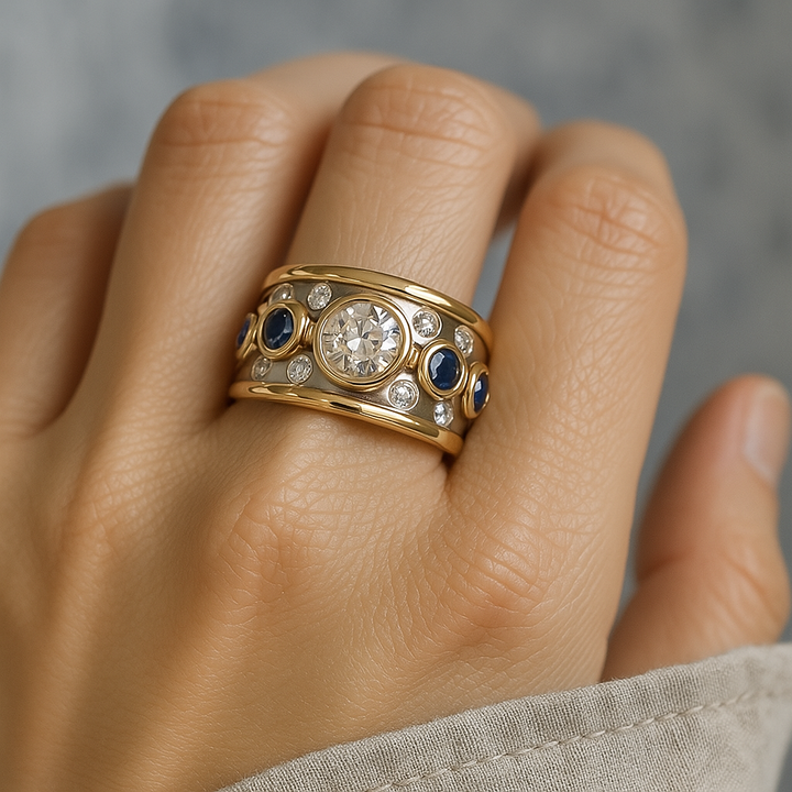 Gold & Silver Band Ring with Sapphires & Zirconia