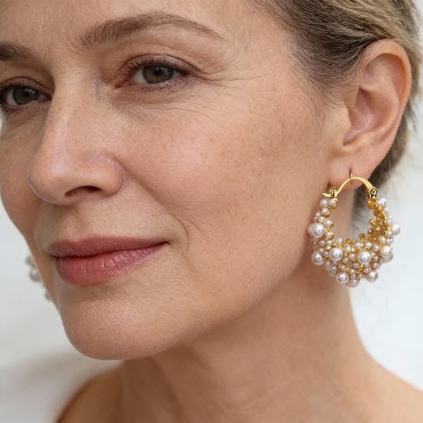 Gold Hoop Earrings Niamh with Pearl Cluster