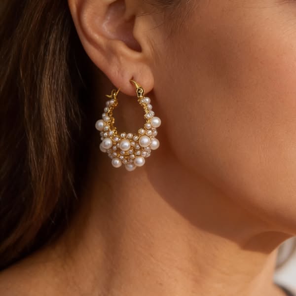 Gold Hoop Earrings Niamh with Pearl Cluster