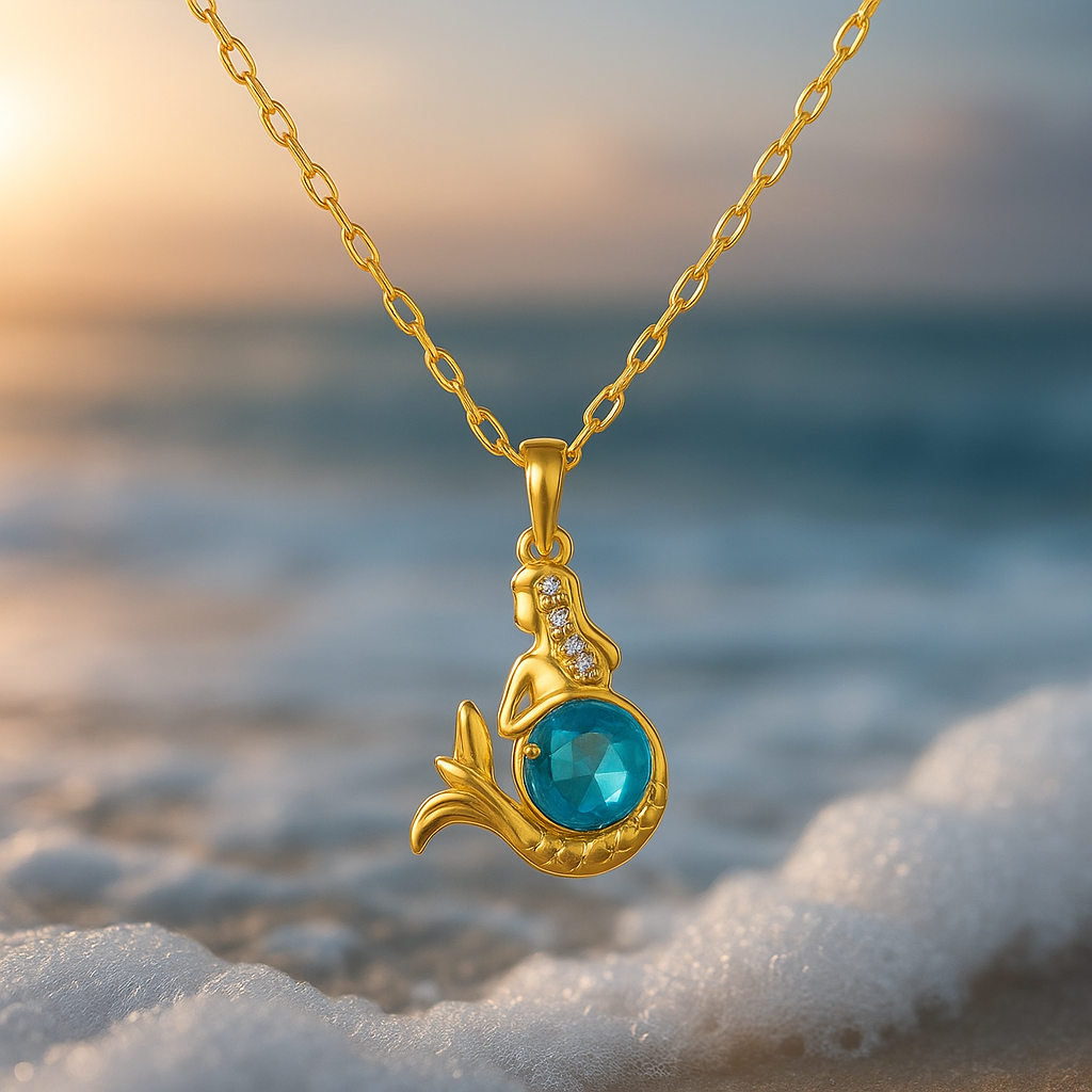 Goldenes Meerjungfrauen-Halsband mit Blauem Kristall