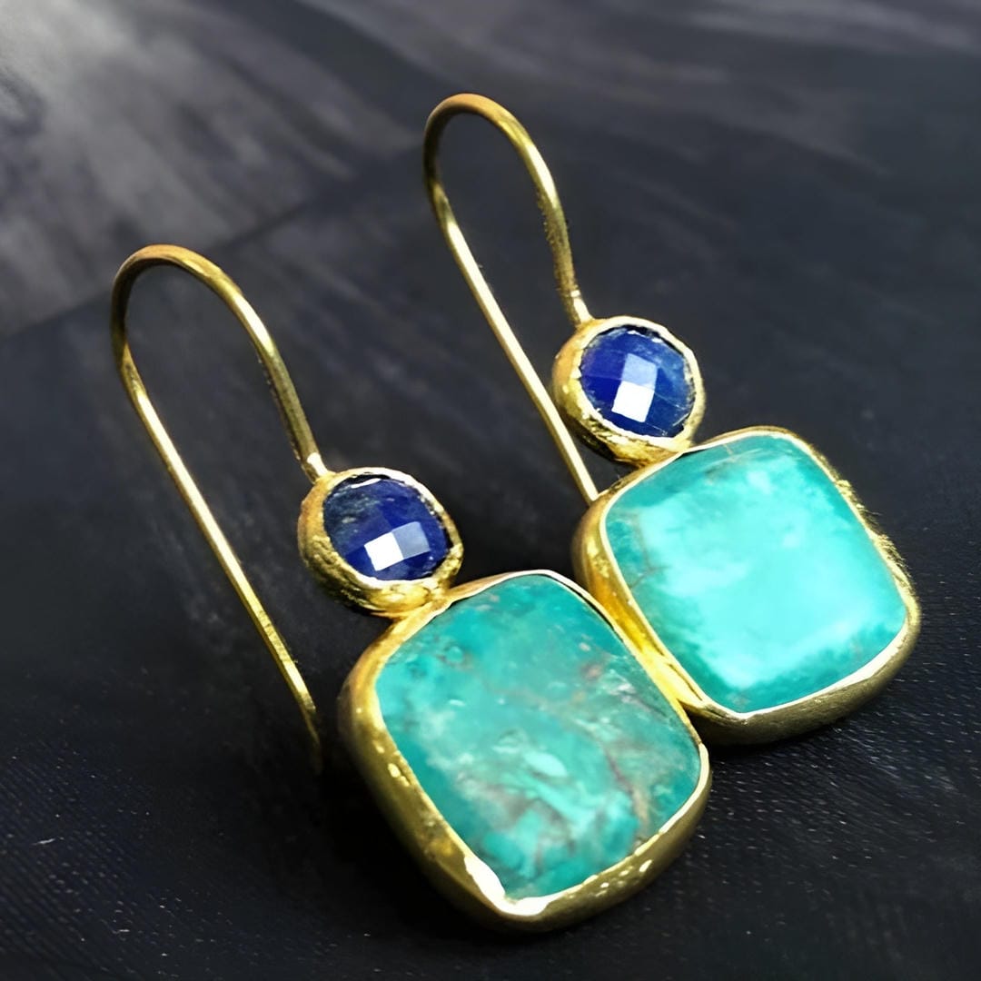 Gold Drop Earrings with Turquoise and Blue Stones