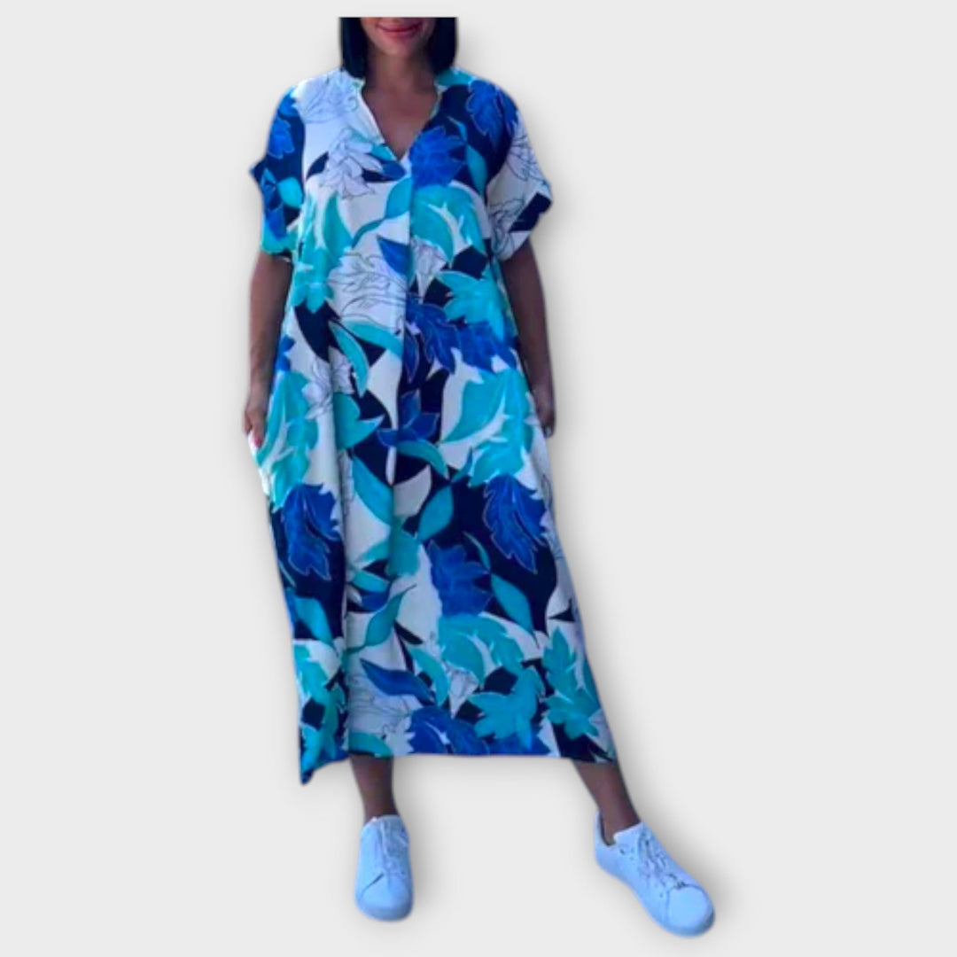 Elena - Blau-grünes elegantes Blumenkleid