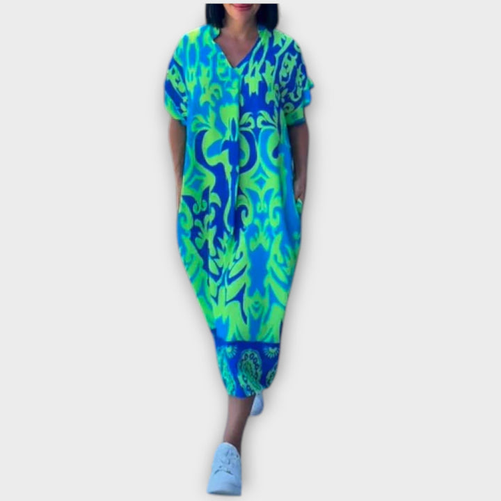 Elena - Blau-grünes elegantes Blumenkleid