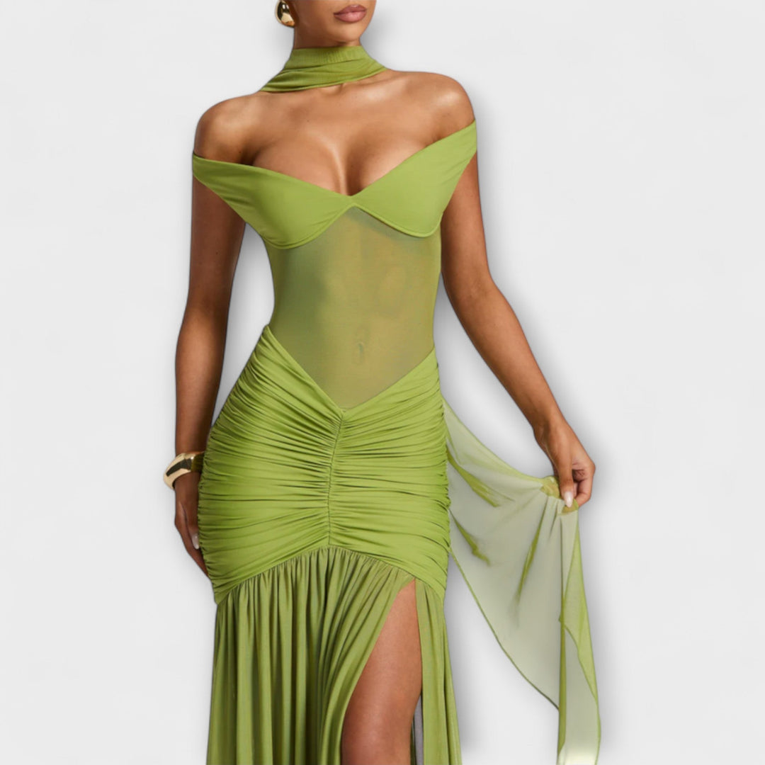 Therese - Grünes Schlitzkleid mit Drapierung