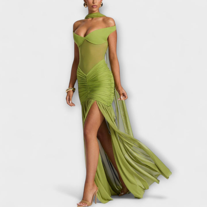 Therese - Grünes Schlitzkleid mit Drapierung