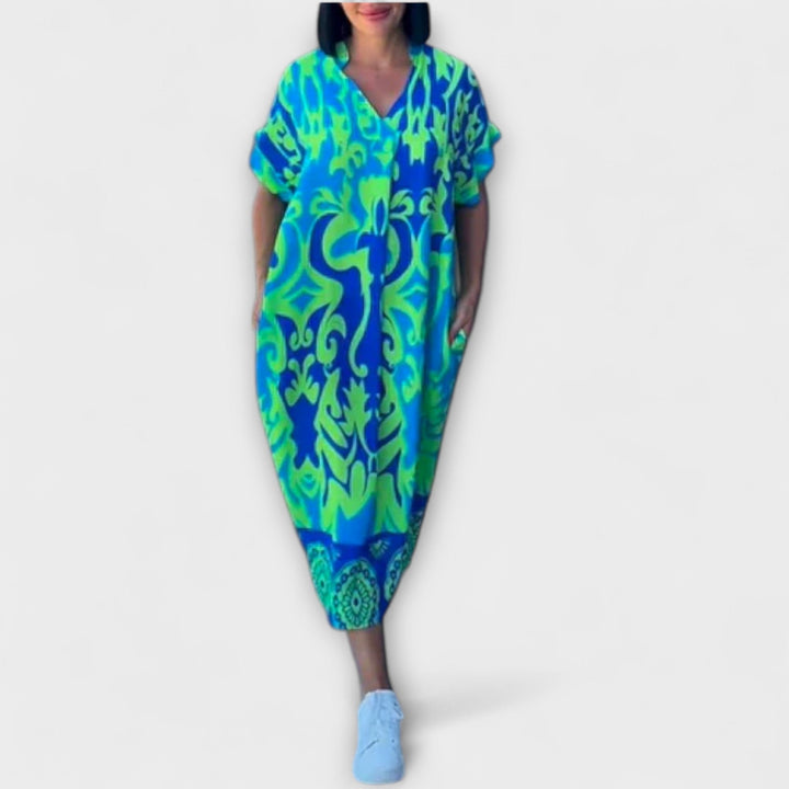 Elena - Blau-grünes elegantes Blumenkleid