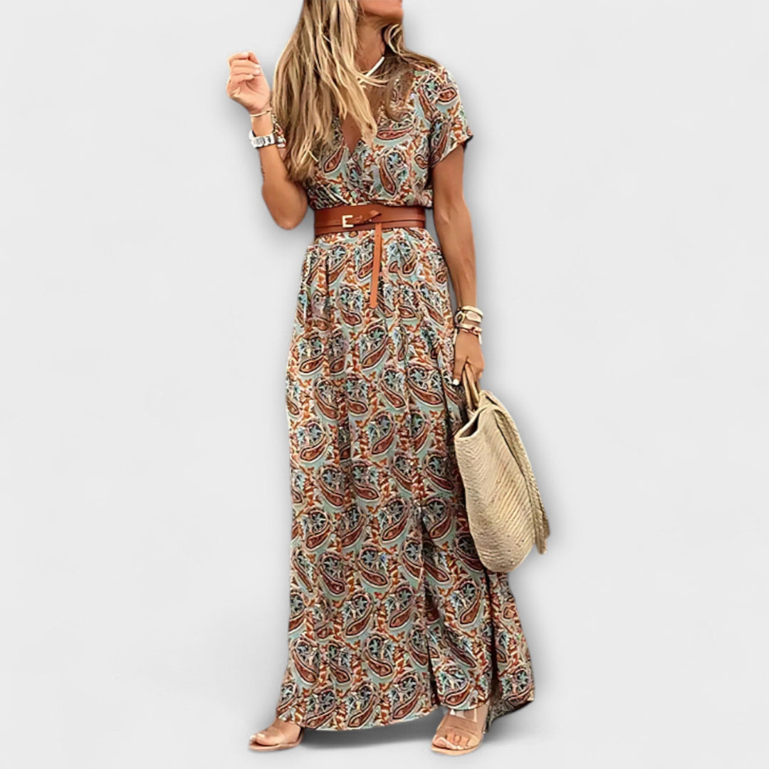 Sybella - Beiges Boho-Maxikleid mit Streublumen
