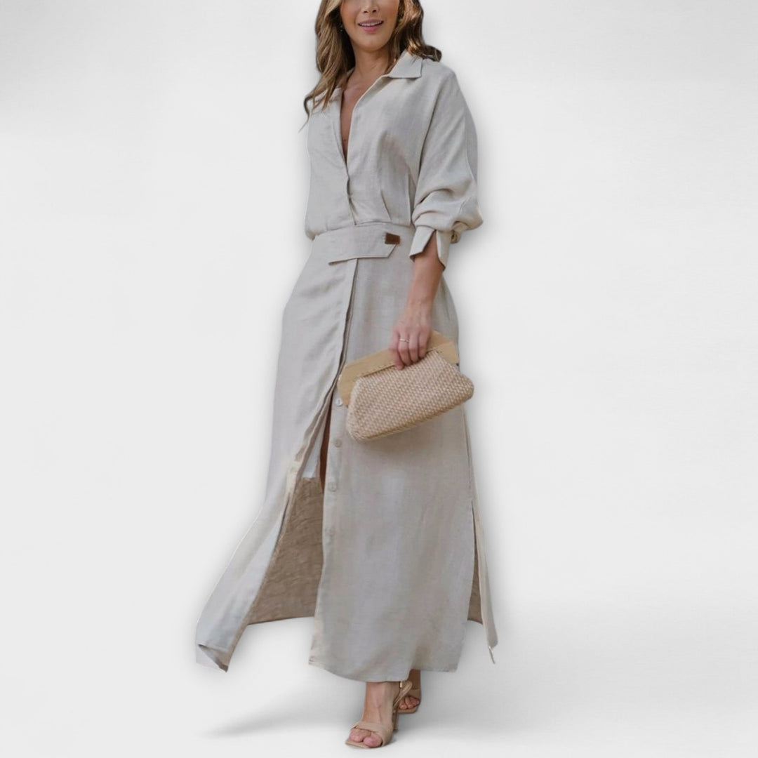 Jeanette - Cremefarbenes Maxikleid mit V-Ausschnitt