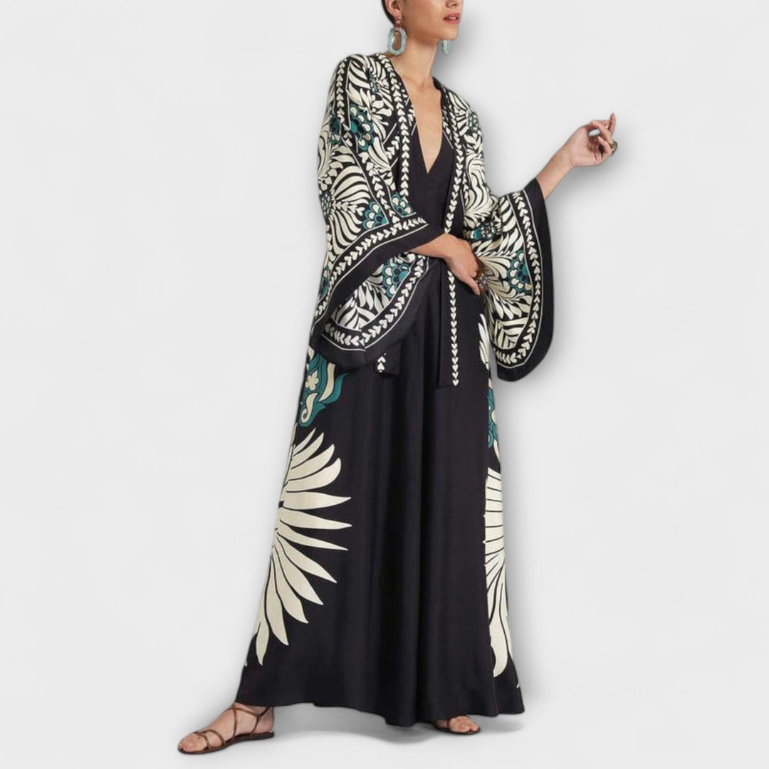 Giselle - Schwarzes Maxikleid mit Blättermuster