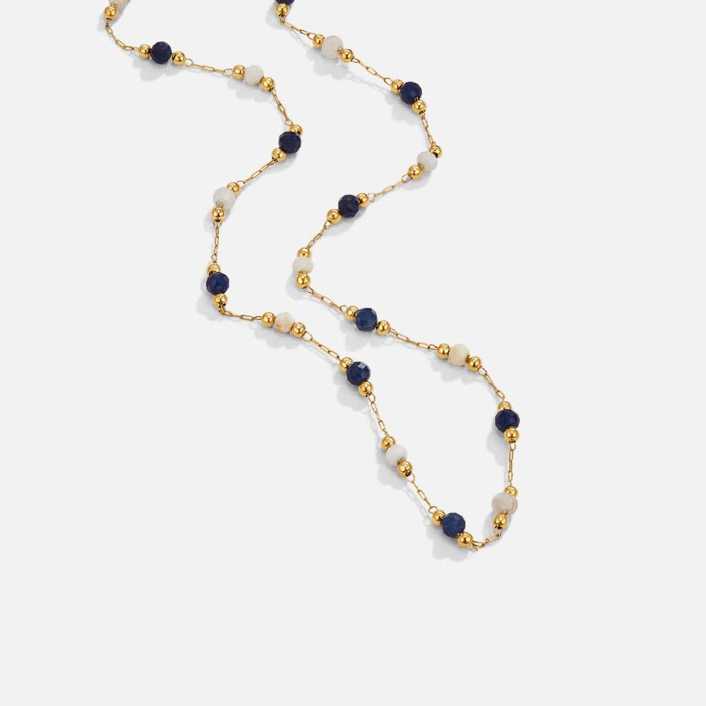 Gold Beaded Necklace Íde with Blue and White Beads