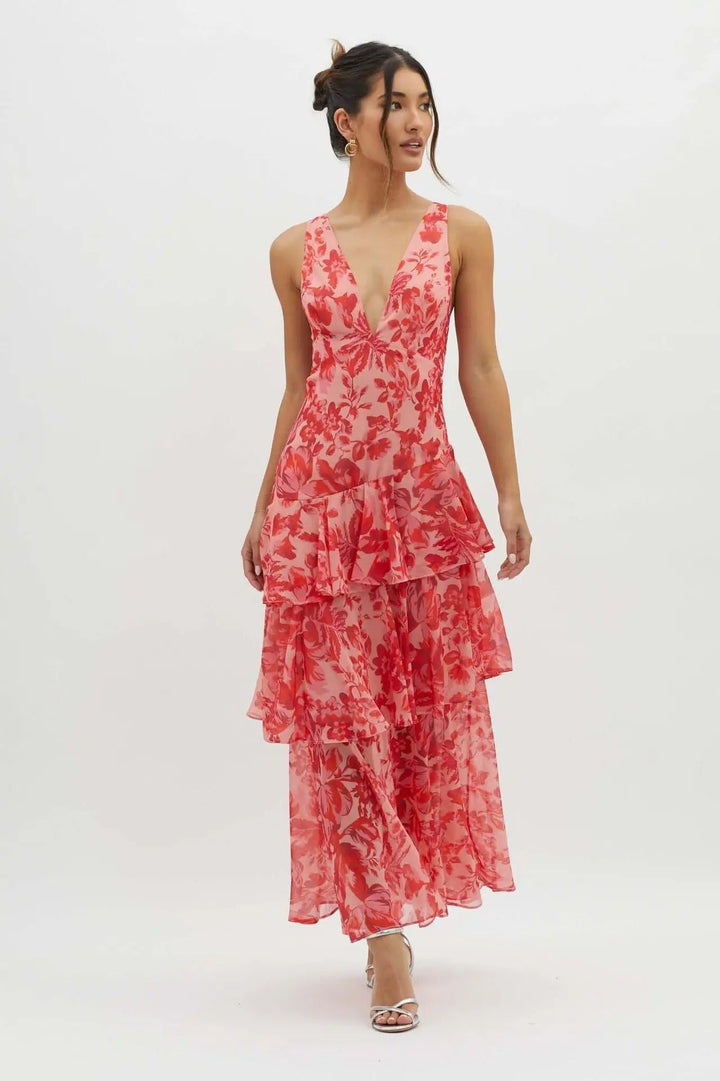 Marina - Rotes elegantes Langkleid mit Blüten
