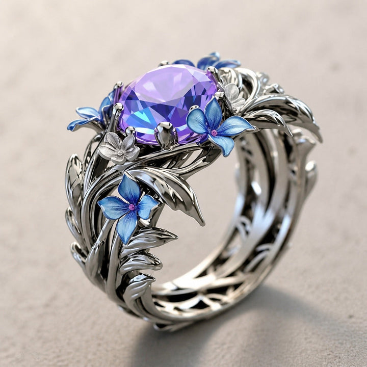 Silver Ring Muirne with Amethyst & Floral Motif