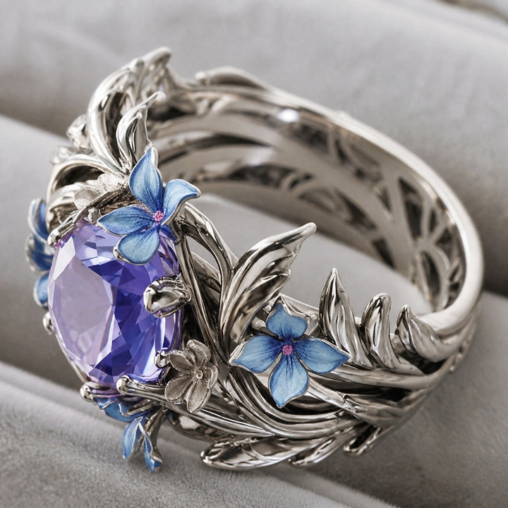 Silver Ring Muirne with Amethyst & Floral Motif
