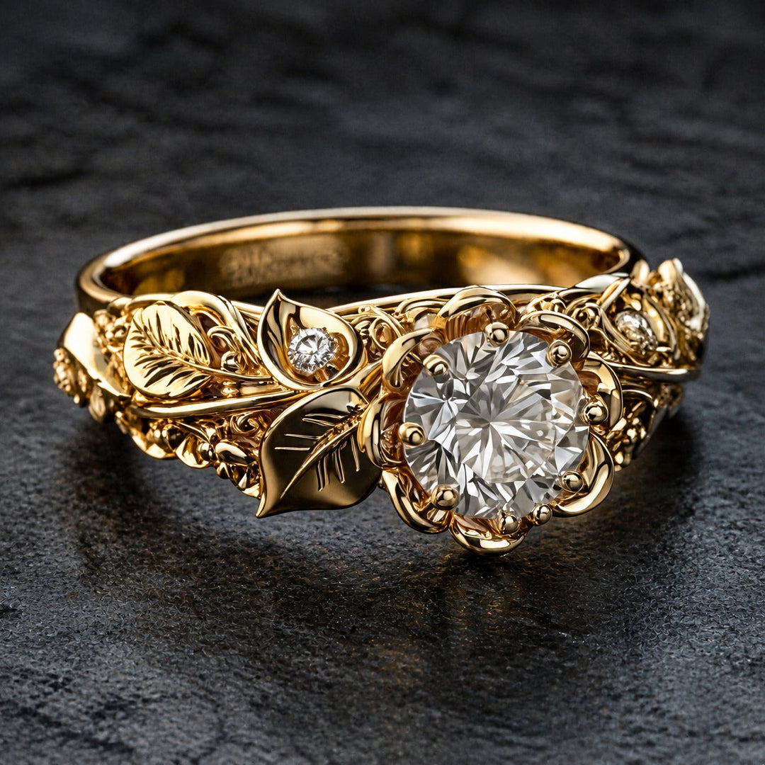 Gold Ring Gráinne with Zirconia & Leaf Motif