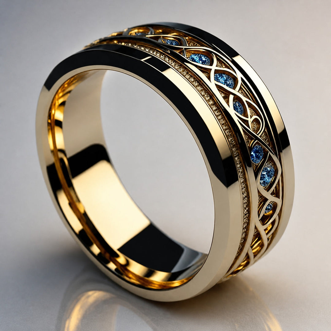 Gold Band Ring Deirdre with Sapphire & Celtic Knot