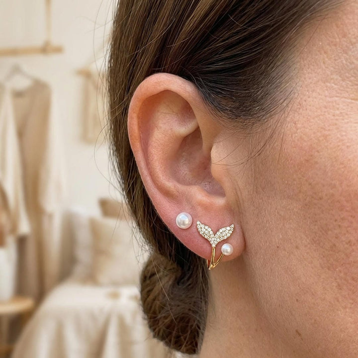 Gold Stud Earrings with Pearl and Whale Tail Motif