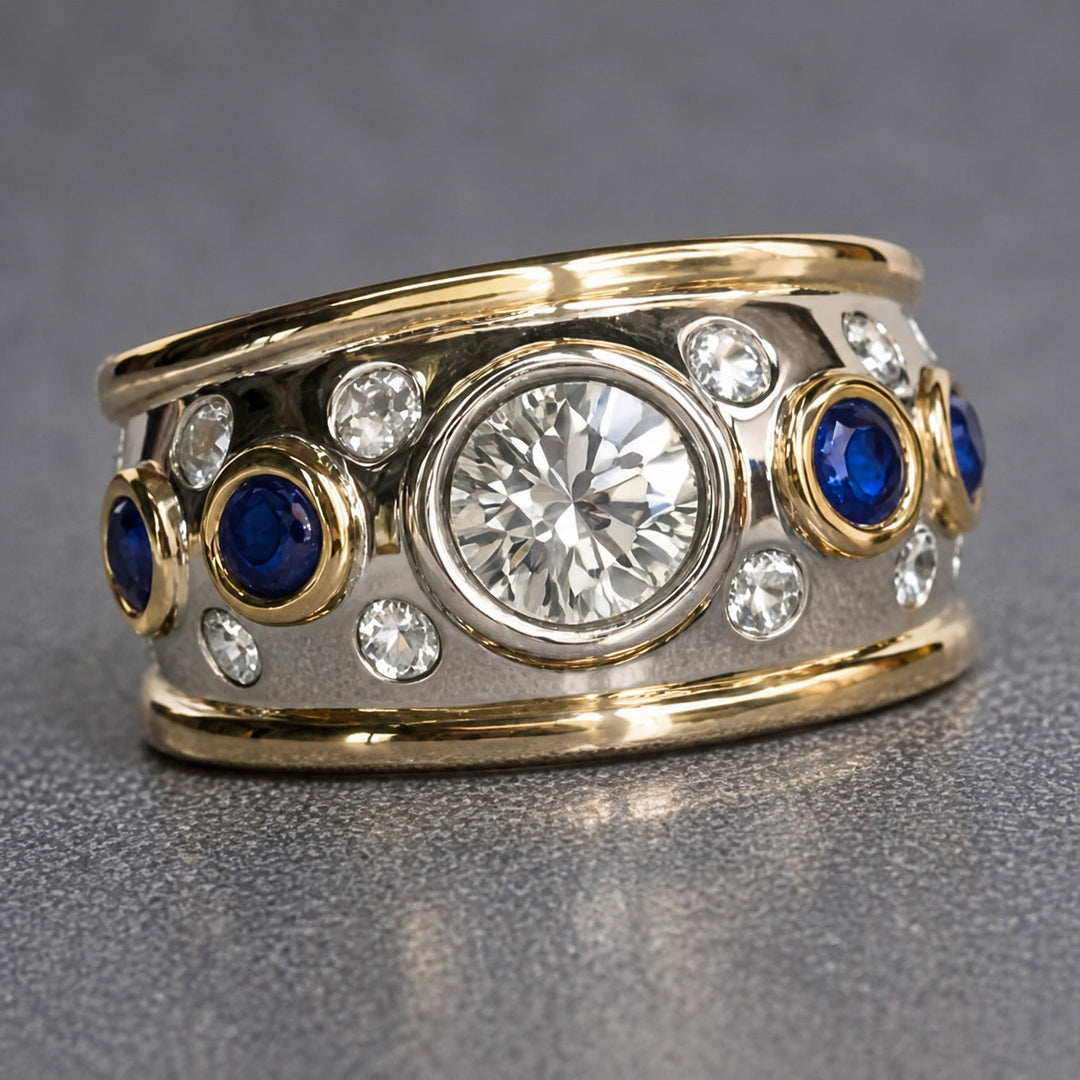Gold Band Ring Sinéad with Sapphire and Zirconia