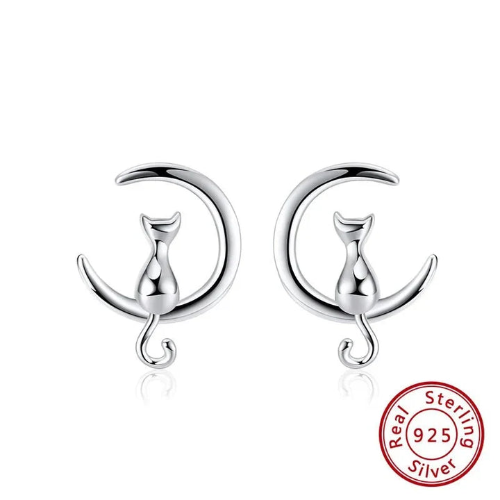 Moon & Cat Sterling Silver Stud Cat Earrings