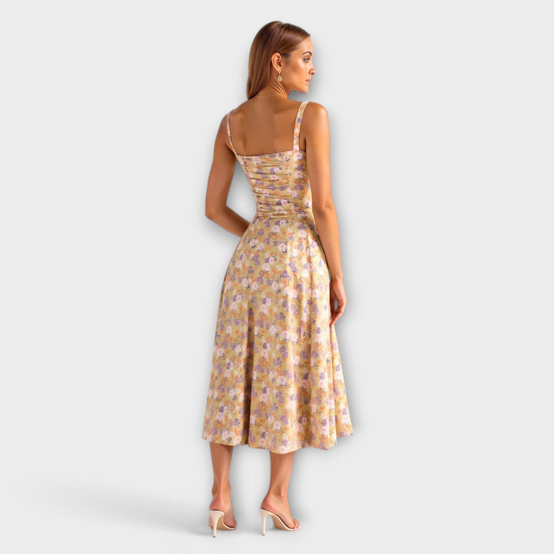 Kiana - Cremefarbenes Korsett-Midikleid mit Blümchen