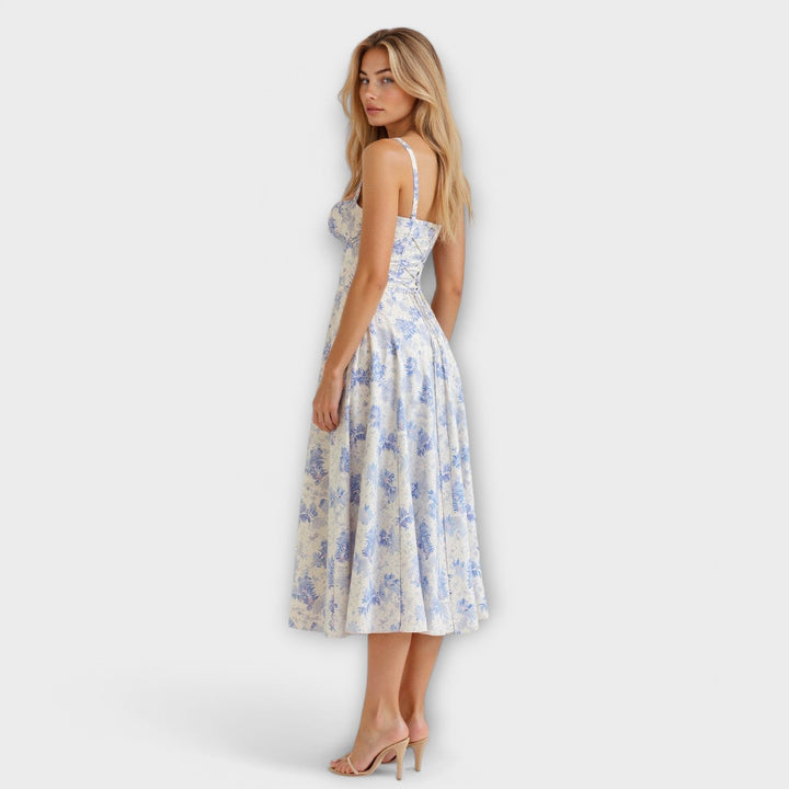 Kiana - Cremefarbenes Korsett-Midikleid mit Blümchen