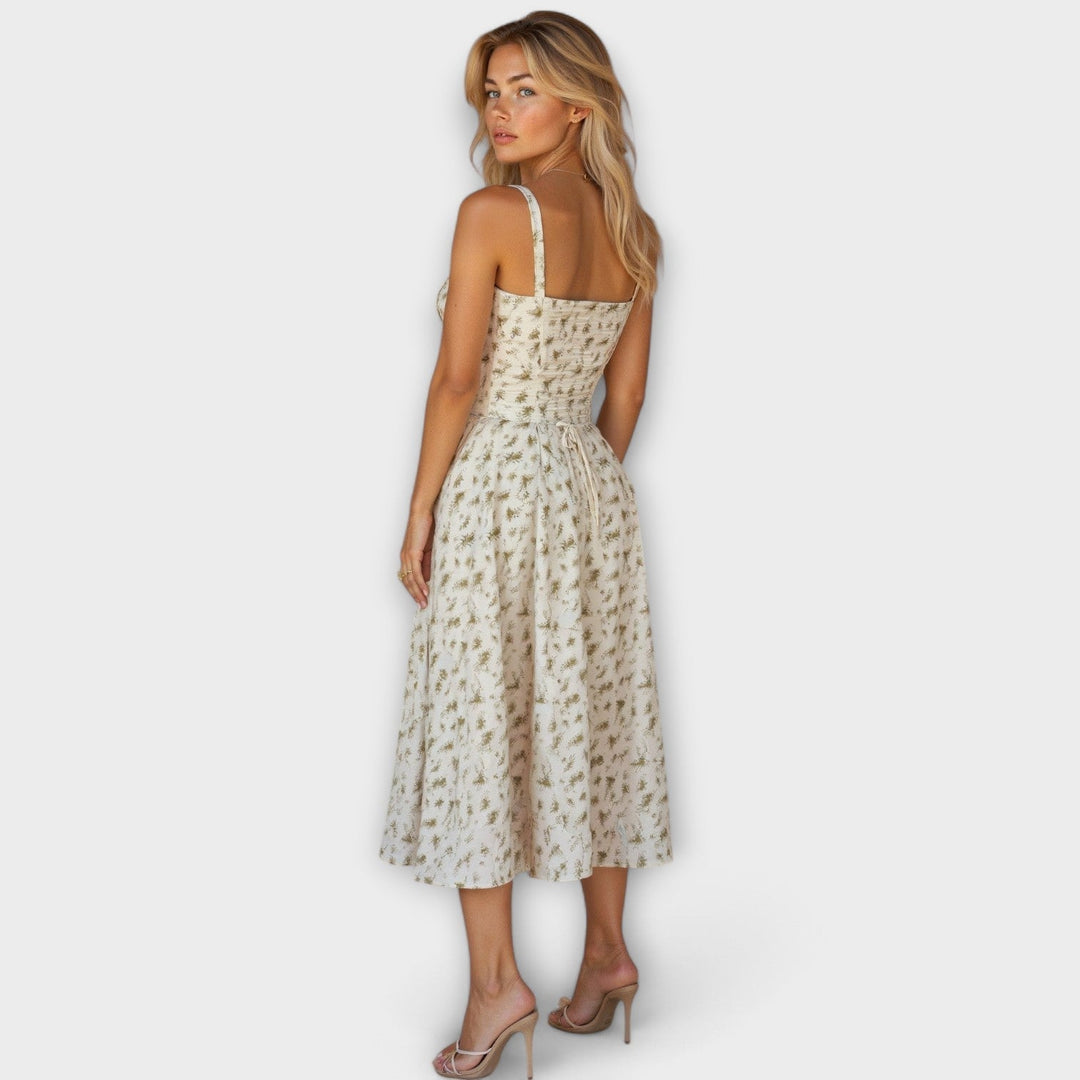 Kiana - Cremefarbenes Korsett-Midikleid mit Blümchen
