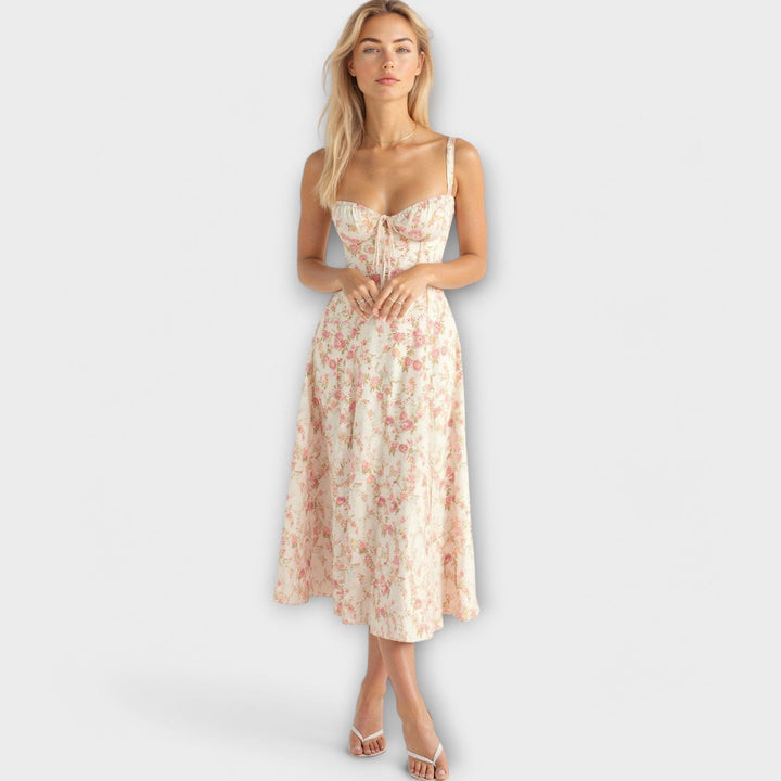 Kiana - Cremefarbenes Korsett-Midikleid mit Blümchen