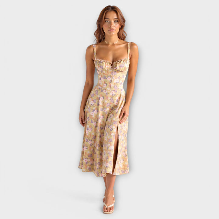 Kiana - Cremefarbenes Korsett-Midikleid mit Blümchen