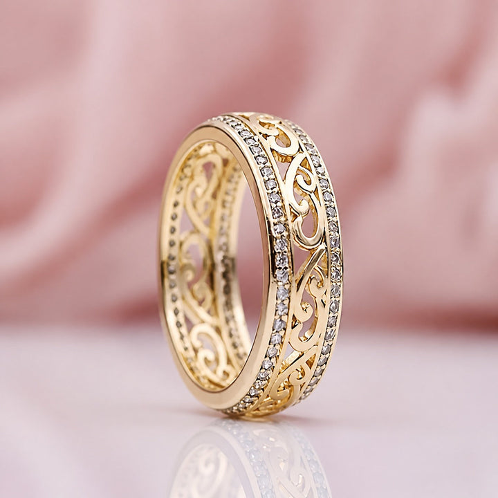 Gold Band Ring Aisling with Crystals and Scroll Motif