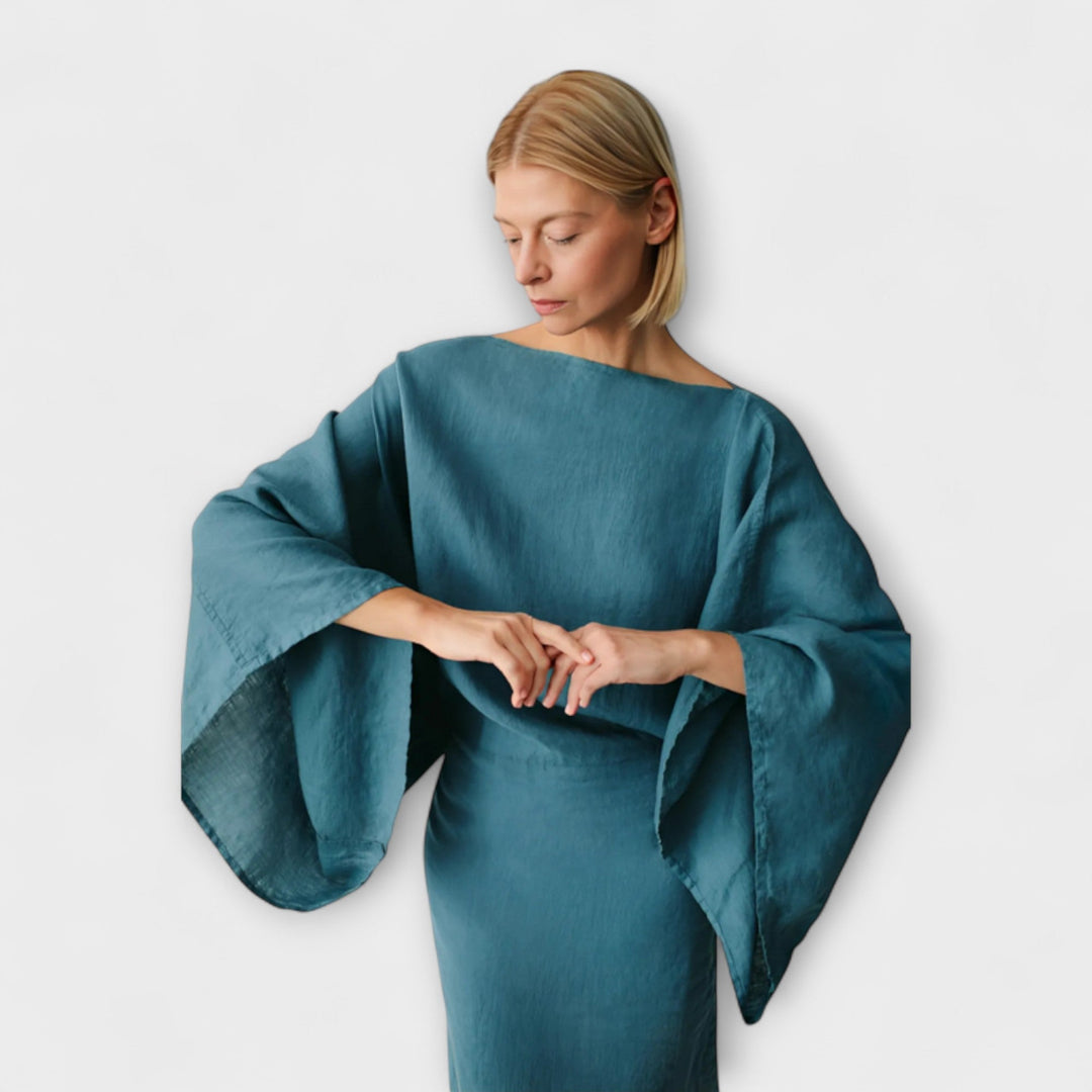 Dana - Blaues Kimono-Kleid aus Leinen