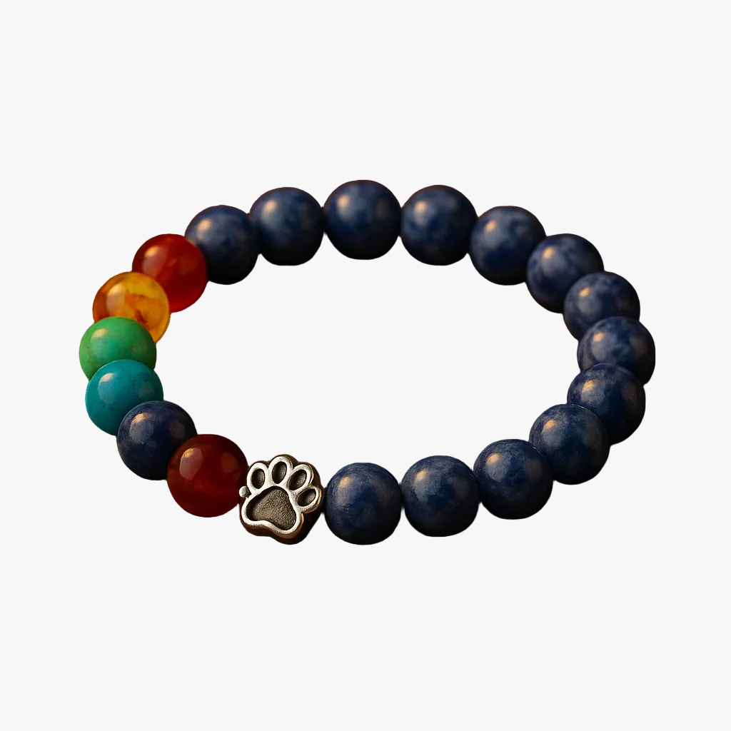 Blue Beaded Bracelet with Paw Print & Chakra Stones