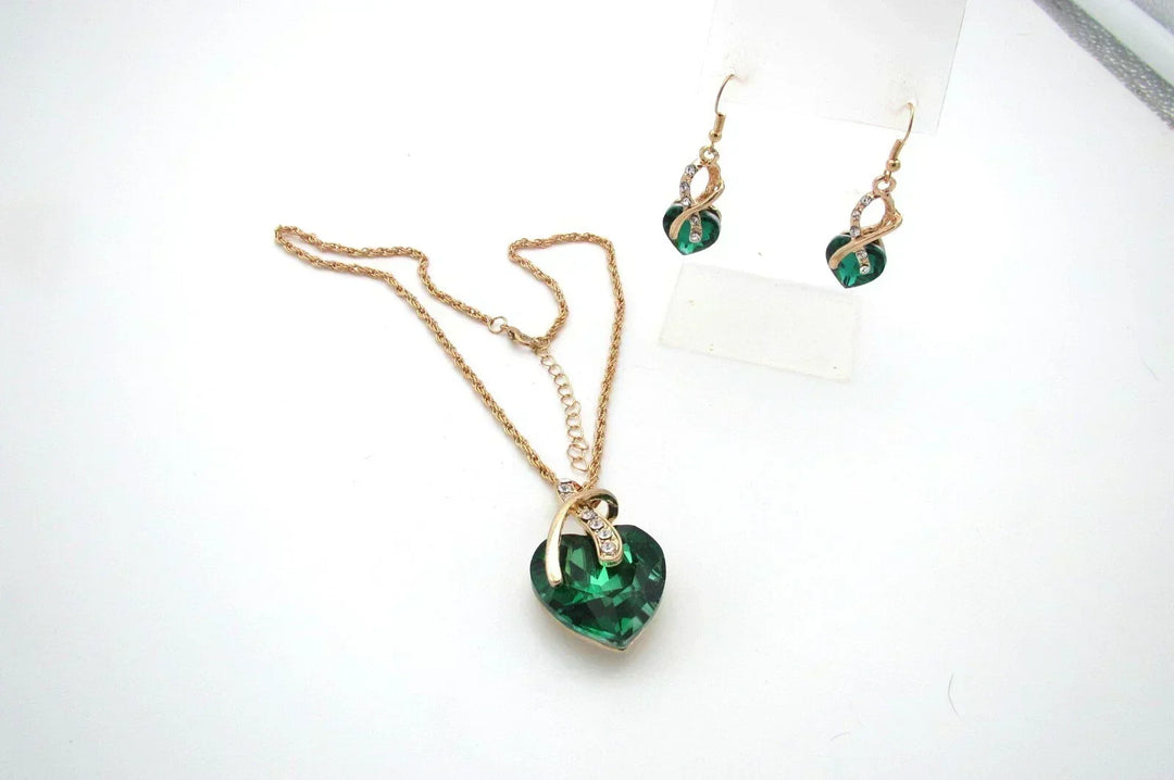 Gold Heart Necklace and Earrings Set with Emerald and Zirconia